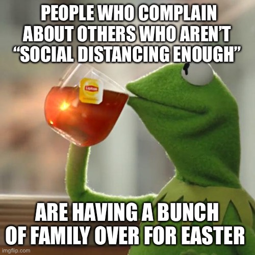 But That's None Of My Business Meme | PEOPLE WHO COMPLAIN ABOUT OTHERS WHO AREN’T “SOCIAL DISTANCING ENOUGH”; ARE HAVING A BUNCH OF FAMILY OVER FOR EASTER | image tagged in memes,but that's none of my business,kermit the frog | made w/ Imgflip meme maker