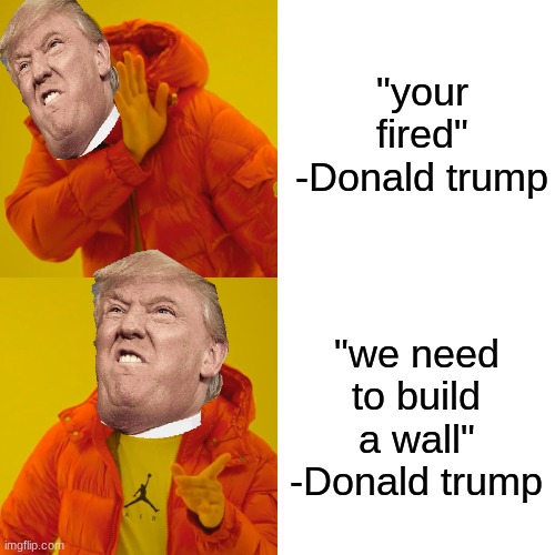 donald trumps new quote | "your fired"
-Donald trump; "we need to build a wall"
-Donald trump | image tagged in memes,drake hotline bling,donald trump,donald trump wall,donald trump you're fired | made w/ Imgflip meme maker