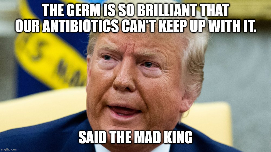 THE GERM IS SO BRILLIANT THAT OUR ANTIBIOTICS CAN'T KEEP UP WITH IT. SAID THE MAD KING | image tagged in donald trump,coronavirus,idiot | made w/ Imgflip meme maker