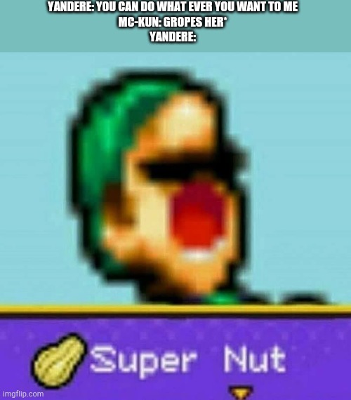 Luigi Super Nut | YANDERE: YOU CAN DO WHAT EVER YOU WANT TO ME
MC-KUN: GROPES HER*
YANDERE: | image tagged in luigi super nut | made w/ Imgflip meme maker
