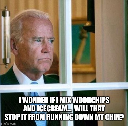 Sad Joe Biden | I WONDER IF I MIX WOODCHIPS AND ICECREAM...  WILL THAT STOP IT FROM RUNNING DOWN MY CHIN? | image tagged in sad joe biden | made w/ Imgflip meme maker
