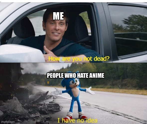 sonic how are you not dead | ME; PEOPLE WHO HATE ANIME | image tagged in sonic how are you not dead | made w/ Imgflip meme maker
