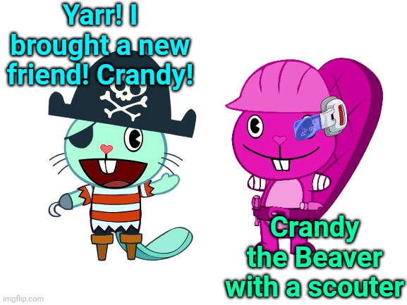 Russell has Crandy the Beaver! | Yarr! I brought a new friend! Crandy! Crandy the Beaver with a scouter | image tagged in blank white template,happy tree friends,crandy | made w/ Imgflip meme maker