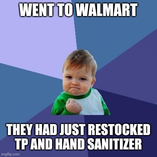 Success Kid Meme | WENT TO WALMART; THEY HAD JUST RESTOCKED TP AND HAND SANITIZER | image tagged in memes,success kid | made w/ Imgflip meme maker
