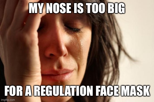 First World Problems Meme | MY NOSE IS TOO BIG FOR A REGULATION FACE MASK | image tagged in memes,first world problems | made w/ Imgflip meme maker