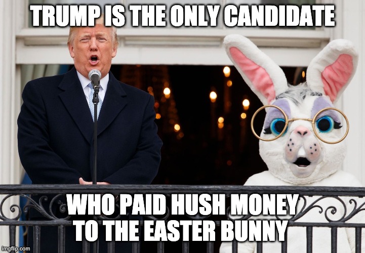 Trumpy Easter | TRUMP IS THE ONLY CANDIDATE; WHO PAID HUSH MONEY TO THE EASTER BUNNY | image tagged in donald trump,joe biden,biden is the only candidate,easter eggs | made w/ Imgflip meme maker