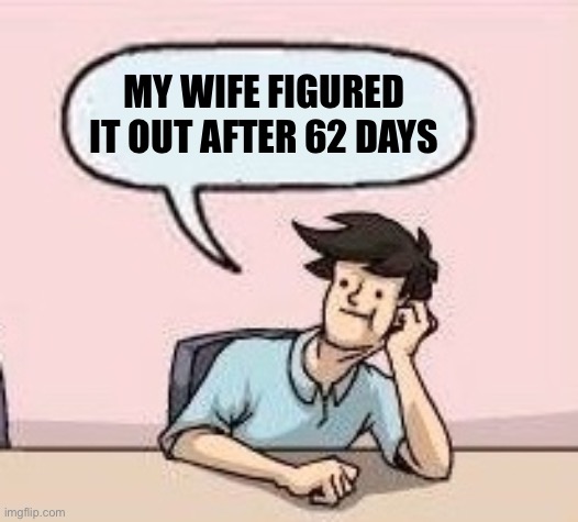 Boardroom Suggestion Guy | MY WIFE FIGURED IT OUT AFTER 62 DAYS | image tagged in boardroom suggestion guy | made w/ Imgflip meme maker