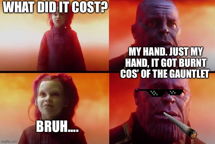 thanos what did it cost |  WHAT DID IT COST? MY HAND. JUST MY HAND, IT GOT BURNT COS’ OF THE GAUNTLET; BRUH.... | image tagged in thanos what did it cost | made w/ Imgflip meme maker