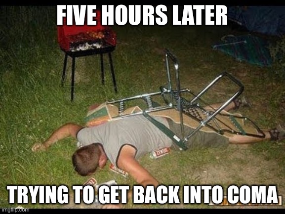 Pass Out Drunk | FIVE HOURS LATER TRYING TO GET BACK INTO COMA | image tagged in pass out drunk | made w/ Imgflip meme maker