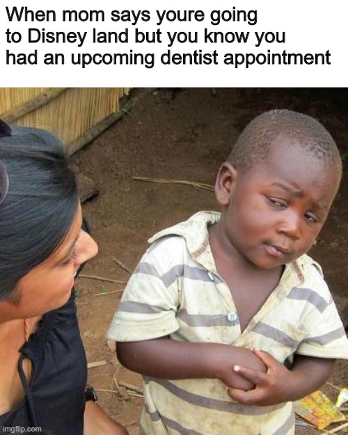 Third World Skeptical Kid Meme | When mom says youre going to Disney land but you know you had an upcoming dentist appointment | image tagged in memes,third world skeptical kid | made w/ Imgflip meme maker