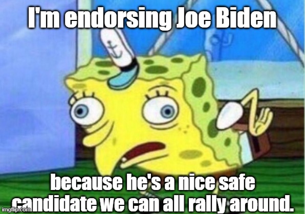 When constipation meets lukewarmness | I'm endorsing Joe Biden; because he's a nice safe candidate we can all rally around. | image tagged in memes,mocking spongebob,joe biden,democrats,voting,2020 elections | made w/ Imgflip meme maker