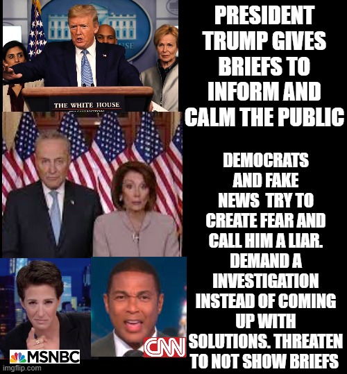 President  Trump Gives Briefs to Inform and Calm The Public.  Fake News and Democrats Call Him A Liar and Demand Investigation. | PRESIDENT TRUMP GIVES BRIEFS TO INFORM AND CALM THE PUBLIC; DEMOCRATS AND FAKE NEWS  TRY TO CREATE FEAR AND CALL HIM A LIAR. DEMAND A INVESTIGATION INSTEAD OF COMING UP WITH SOLUTIONS. THREATEN TO NOT SHOW BRIEFS | image tagged in fake news,stupid liberals,democrats,nancy pelosi,trump,coronavirus | made w/ Imgflip meme maker