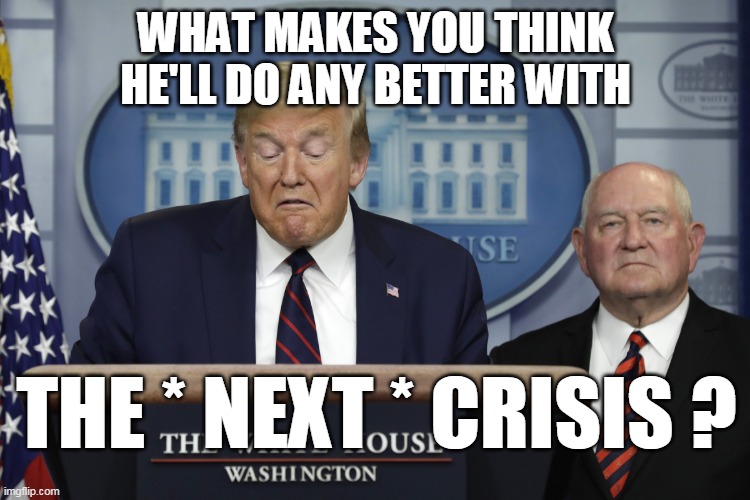WHAT MAKES YOU THINK HE'LL DO ANY BETTER WITH; THE * NEXT * CRISIS ? | image tagged in trump | made w/ Imgflip meme maker