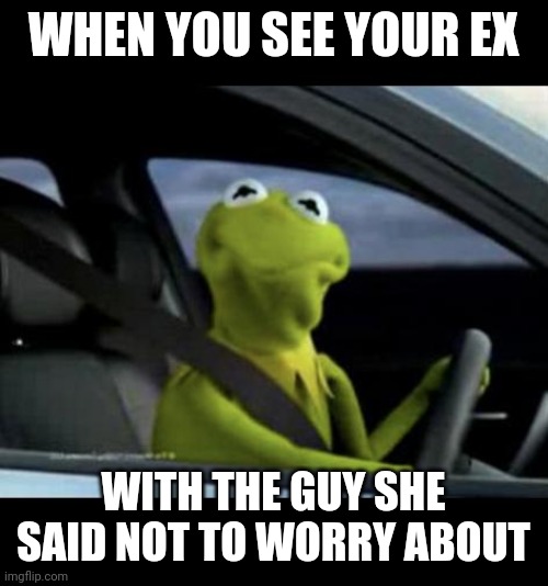 Don't worry about that guy | WHEN YOU SEE YOUR EX; WITH THE GUY SHE SAID NOT TO WORRY ABOUT | image tagged in kermit driving | made w/ Imgflip meme maker