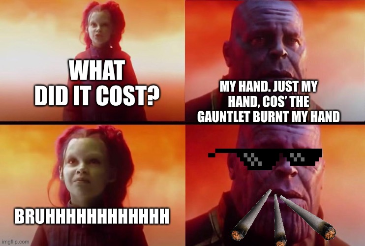 What did it cost? | WHAT DID IT COST? MY HAND. JUST MY HAND, COS’ THE GAUNTLET BURNT MY HAND; BRUHHHHHHHHHHHH | image tagged in what did it cost | made w/ Imgflip meme maker