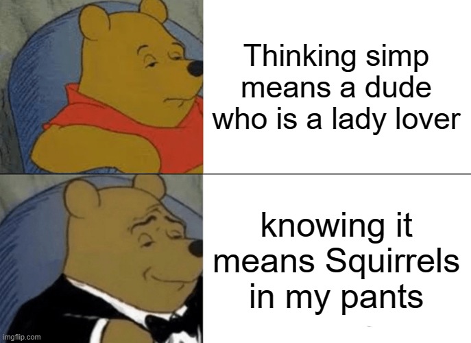 Tuxedo Winnie The Pooh | Thinking simp means a dude who is a lady lover; knowing it means Squirrels in my pants | image tagged in memes,tuxedo winnie the pooh | made w/ Imgflip meme maker