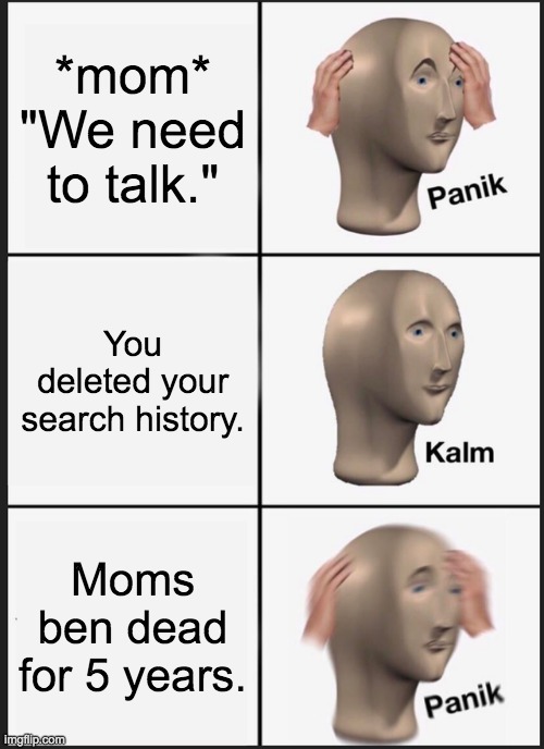 Panik Kalm Panik | *mom* "We need to talk."; You deleted your search history. Moms ben dead for 5 years. | image tagged in memes,panik kalm panik | made w/ Imgflip meme maker
