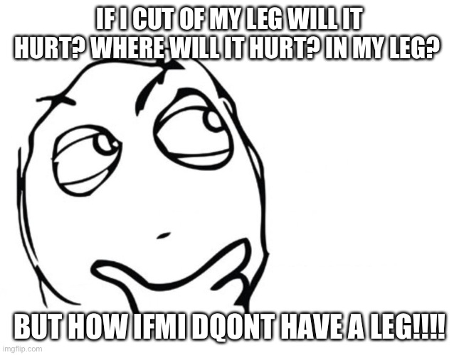 hmmm | IF I CUT OF MY LEG WILL IT HURT? WHERE WILL IT HURT? IN MY LEG? BUT HOW IFMI DQONT HAVE A LEG!!!! | image tagged in hmmm | made w/ Imgflip meme maker