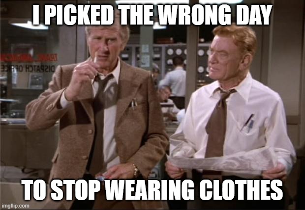 Airplane Wrong Week | I PICKED THE WRONG DAY; TO STOP WEARING CLOTHES | image tagged in airplane wrong week | made w/ Imgflip meme maker