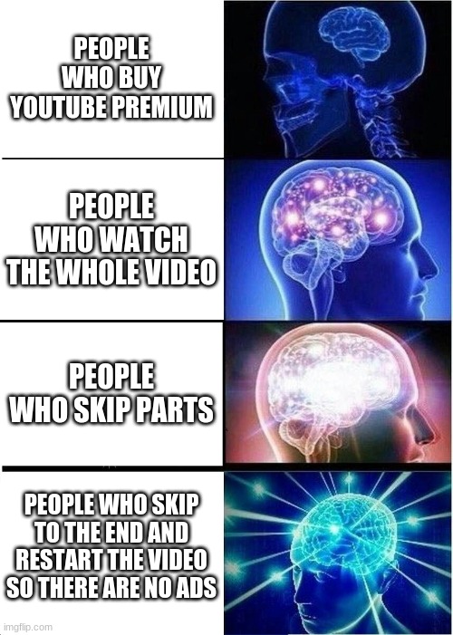 Expanding Brain | PEOPLE WHO BUY YOUTUBE PREMIUM; PEOPLE WHO WATCH THE WHOLE VIDEO; PEOPLE WHO SKIP PARTS; PEOPLE WHO SKIP TO THE END AND RESTART THE VIDEO SO THERE ARE NO ADS | image tagged in memes,expanding brain | made w/ Imgflip meme maker