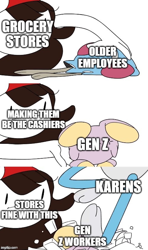 Jaiden Animations pokemon swap | GROCERY STORES; OLDER EMPLOYEES; MAKING THEM BE THE CASHIERS; GEN Z; KARENS; STORES FINE WITH THIS; GEN Z WORKERS | image tagged in jaiden animations pokemon swap | made w/ Imgflip meme maker