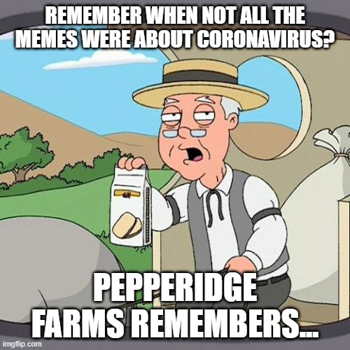 Pepperidge Farm Remembers | REMEMBER WHEN NOT ALL THE MEMES WERE ABOUT CORONAVIRUS? PEPPERIDGE FARMS REMEMBERS... | image tagged in memes,pepperidge farm remembers | made w/ Imgflip meme maker