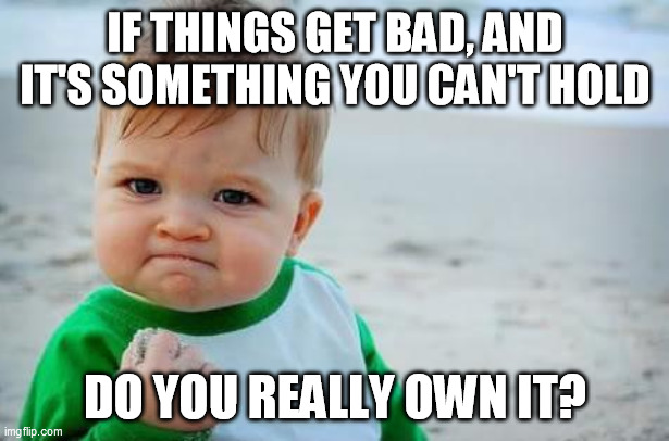 Fist pump baby | IF THINGS GET BAD, AND IT'S SOMETHING YOU CAN'T HOLD DO YOU REALLY OWN IT? | image tagged in fist pump baby | made w/ Imgflip meme maker