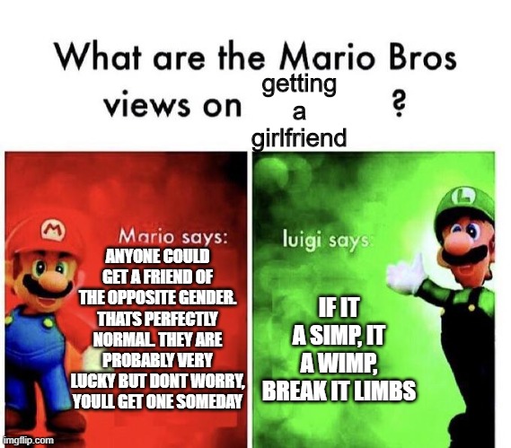 Mario Bros Views | getting a girlfriend; ANYONE COULD GET A FRIEND OF THE OPPOSITE GENDER. THATS PERFECTLY NORMAL. THEY ARE PROBABLY VERY LUCKY BUT DONT WORRY, YOULL GET ONE SOMEDAY; IF IT A SIMP, IT A WIMP, BREAK IT LIMBS | image tagged in mario bros views | made w/ Imgflip meme maker