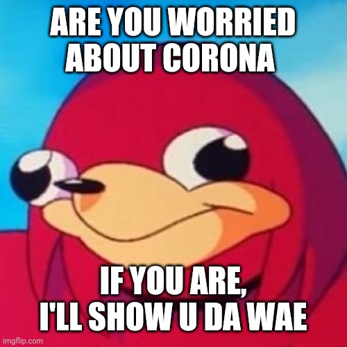 Ugandan Knuckles | ARE YOU WORRIED ABOUT CORONA; IF YOU ARE, I'LL SHOW U DA WAE | image tagged in ugandan knuckles,memes,corona | made w/ Imgflip meme maker