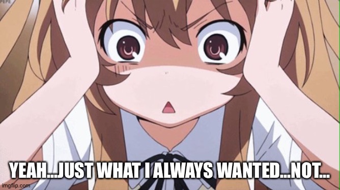 anime realization | YEAH...JUST WHAT I ALWAYS WANTED...NOT... | image tagged in anime realization | made w/ Imgflip meme maker
