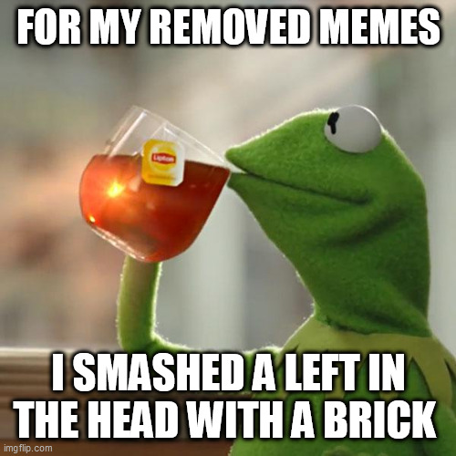 But That's None Of My Business Meme | FOR MY REMOVED MEMES; I SMASHED A LEFT IN THE HEAD WITH A BRICK | image tagged in memes,but that's none of my business,kermit the frog | made w/ Imgflip meme maker