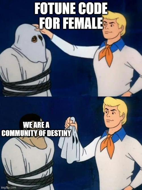 Scooby doo mask reveal | FOTUNE CODE FOR FEMALE; WE ARE A COMMUNITY OF DESTINY | image tagged in scooby doo mask reveal | made w/ Imgflip meme maker