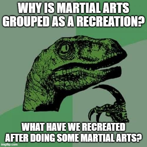 Philosoraptor Meme | WHY IS MARTIAL ARTS GROUPED AS A RECREATION? WHAT HAVE WE RECREATED AFTER DOING SOME MARTIAL ARTS? | image tagged in memes,philosoraptor | made w/ Imgflip meme maker