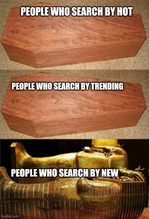 Golden coffin meme | PEOPLE WHO SEARCH BY HOT; PEOPLE WHO SEARCH BY TRENDING; PEOPLE WHO SEARCH BY NEW | image tagged in golden coffin meme | made w/ Imgflip meme maker