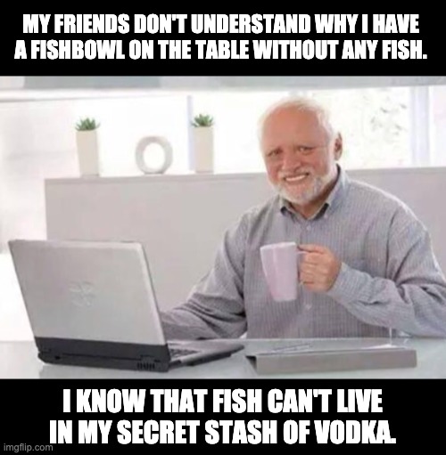 Harold | MY FRIENDS DON'T UNDERSTAND WHY I HAVE A FISHBOWL ON THE TABLE WITHOUT ANY FISH. I KNOW THAT FISH CAN'T LIVE IN MY SECRET STASH OF VODKA. | image tagged in harold | made w/ Imgflip meme maker