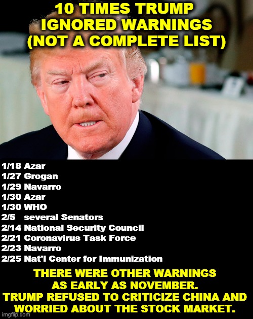 Trump was late because he didn't want to hear it. And tens of thousands died because of his denial and delay. | 10 TIMES TRUMP 
IGNORED WARNINGS
(NOT A COMPLETE LIST); 1/18 Azar
1/27 Grogan
1/29 Navarro
1/30 Azar
1/30 WHO
2/5   several Senators
2/14 National Security Council
2/21 Coronavirus Task Force
2/23 Navarro
2/25 Nat'l Center for Immunization; THERE WERE OTHER WARNINGS 
AS EARLY AS NOVEMBER. 
TRUMP REFUSED TO CRITICIZE CHINA AND 
WORRIED ABOUT THE STOCK MARKET. | image tagged in trump angry with lip curl,trump,coronavirus,covid-19,denial,procrastination | made w/ Imgflip meme maker