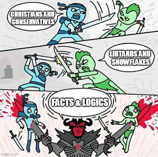 Sword Fight Meme #1 | CHRISTIANS AND 
CONSERVATIVES; LIBTARDS AND 
SNOWFLAKES; FACTS & LOGICS | image tagged in sword fight,memes,christianity,liberal vs conservative,conservatives,libtards | made w/ Imgflip meme maker