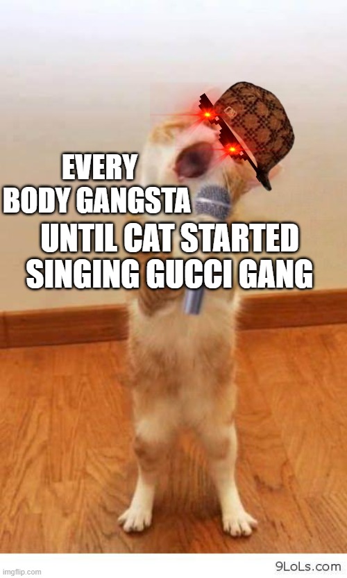 Cat Singer | UNTIL CAT STARTED SINGING GUCCI GANG; EVERY BODY GANGSTA | image tagged in cat singer | made w/ Imgflip meme maker