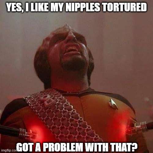 Kinky Klingon | YES, I LIKE MY NIPPLES TORTURED; GOT A PROBLEM WITH THAT? | image tagged in worf pain sticks | made w/ Imgflip meme maker