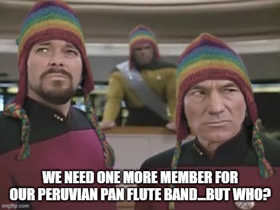 Missing Musician | WE NEED ONE MORE MEMBER FOR OUR PERUVIAN PAN FLUTE BAND...BUT WHO? | image tagged in picard riker hat | made w/ Imgflip meme maker