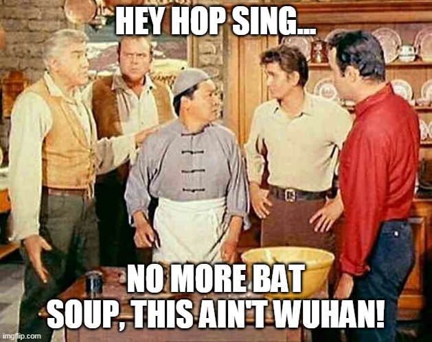 bonanza chef hop sing | HEY HOP SING... NO MORE BAT SOUP, THIS AIN'T WUHAN! | image tagged in bonanza chef hop sing | made w/ Imgflip meme maker