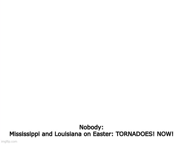 Template | Nobody:
Mississippi and Louisiana on Easter: TORNADOES! NOW! | image tagged in template | made w/ Imgflip meme maker