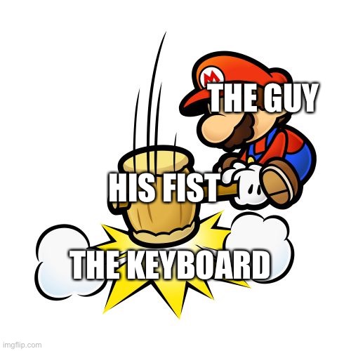 Mario Hammer Smash Meme | THE GUY THE KEYBOARD HIS FIST | image tagged in memes,mario hammer smash | made w/ Imgflip meme maker