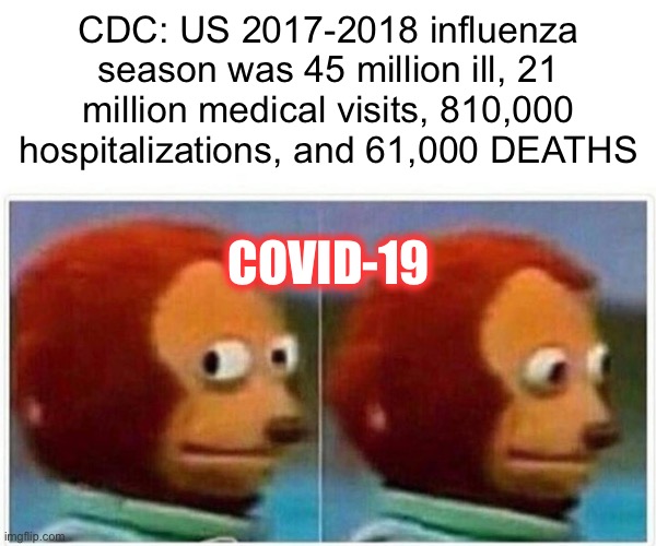 Just the US ALONE....https://www.cdc.gov/flu/about/burden/past-seasons.html | CDC: US 2017-2018 influenza season was 45 million ill, 21 million medical visits, 810,000 hospitalizations, and 61,000 DEATHS; COVID-19 | image tagged in memes,monkey puppet | made w/ Imgflip meme maker