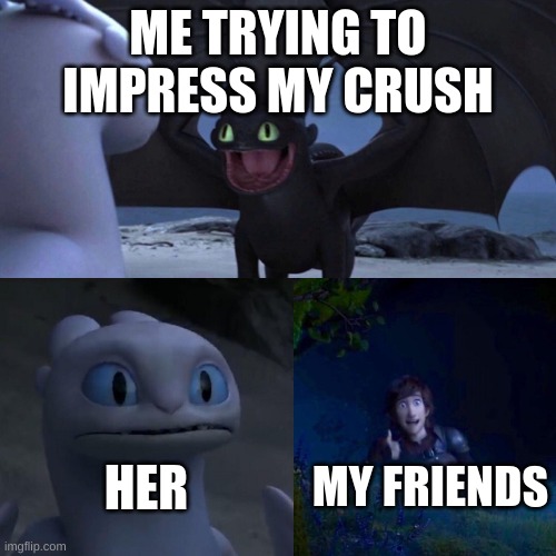 night fury | ME TRYING TO IMPRESS MY CRUSH; HER; MY FRIENDS | image tagged in night fury | made w/ Imgflip meme maker