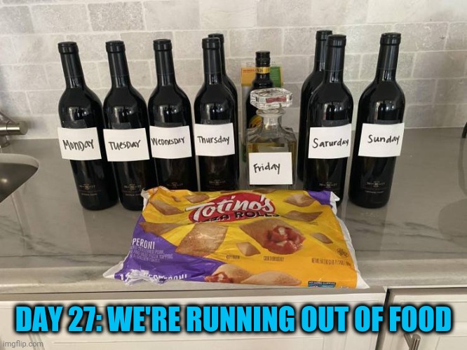 Going to need some ibuprofen | DAY 27: WE'RE RUNNING OUT OF FOOD | image tagged in weekly ration | made w/ Imgflip meme maker