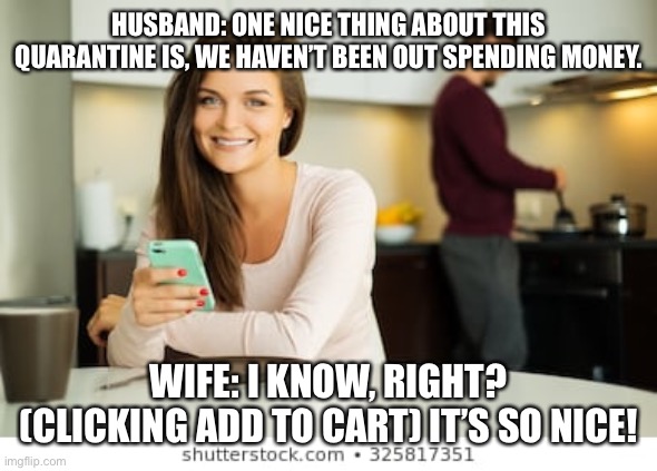 HUSBAND: ONE NICE THING ABOUT THIS QUARANTINE IS, WE HAVEN’T BEEN OUT SPENDING MONEY. WIFE: I KNOW, RIGHT? (CLICKING ADD TO CART) IT’S SO NICE! | image tagged in coronavirus | made w/ Imgflip meme maker