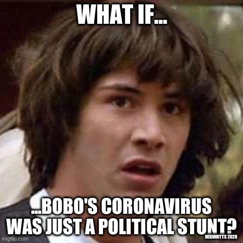 What if? | WHAT IF... ...BOBO'S CORONAVIRUS WAS JUST A POLITICAL STUNT? NEKOMITTS 2020 | image tagged in whoa,boris johnson,coronavirus | made w/ Imgflip meme maker