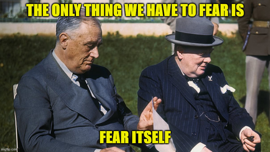 FDR Churchill Fear itself | THE ONLY THING WE HAVE TO FEAR IS; FEAR ITSELF | image tagged in fdr churchill fear itself | made w/ Imgflip meme maker