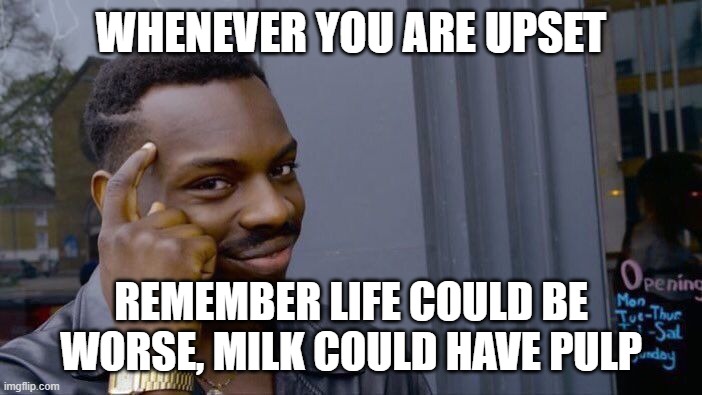 Life Could Be Worse | WHENEVER YOU ARE UPSET; REMEMBER LIFE COULD BE WORSE, MILK COULD HAVE PULP | image tagged in memes,roll safe think about it | made w/ Imgflip meme maker